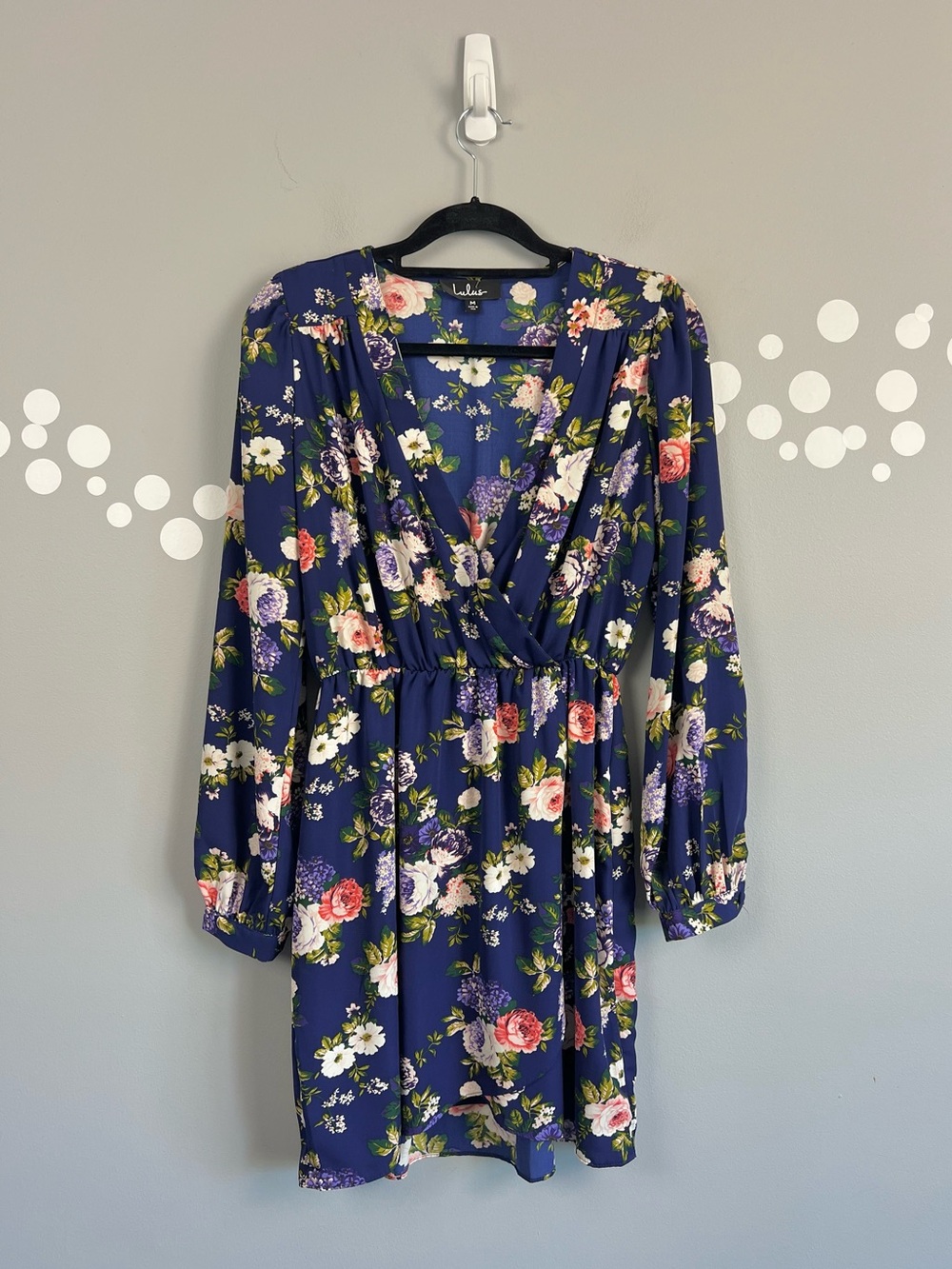 Lulus That's a Wrap Navy Floral Long Sleeve Wrap Mini Dress M